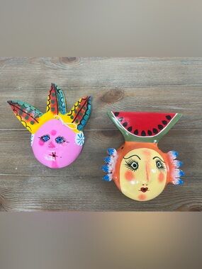 VINTAGE MEXICAN COCONUT SHELL FOLK ART, Set of 2 Hand painted Wall Decor 7” Tall